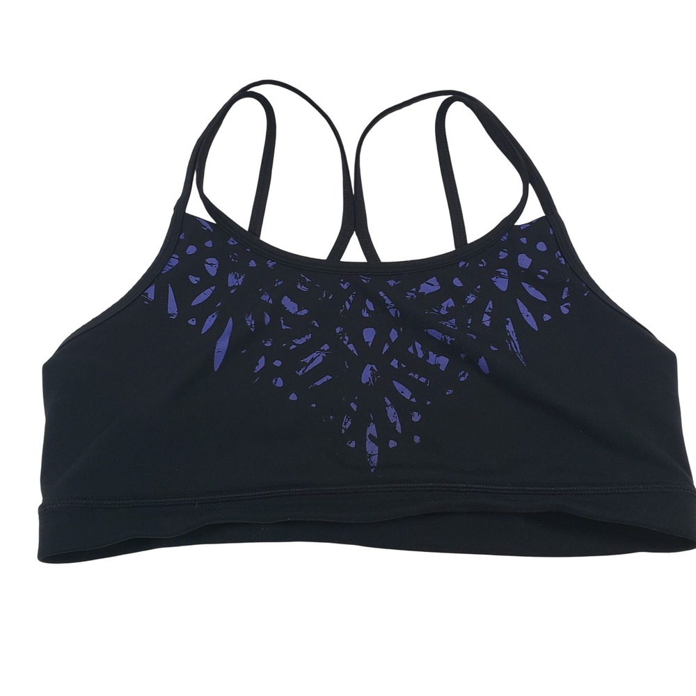Gaiam Black Purple Abstract Leaf Print Med Sports Bra Strappy Back Athletic Yoga